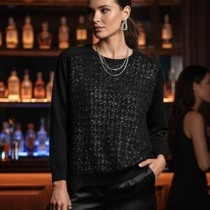 Alfani $95 XL Black Silver Embellished Houndstooth Crew‎ Neck Dolman Sweater